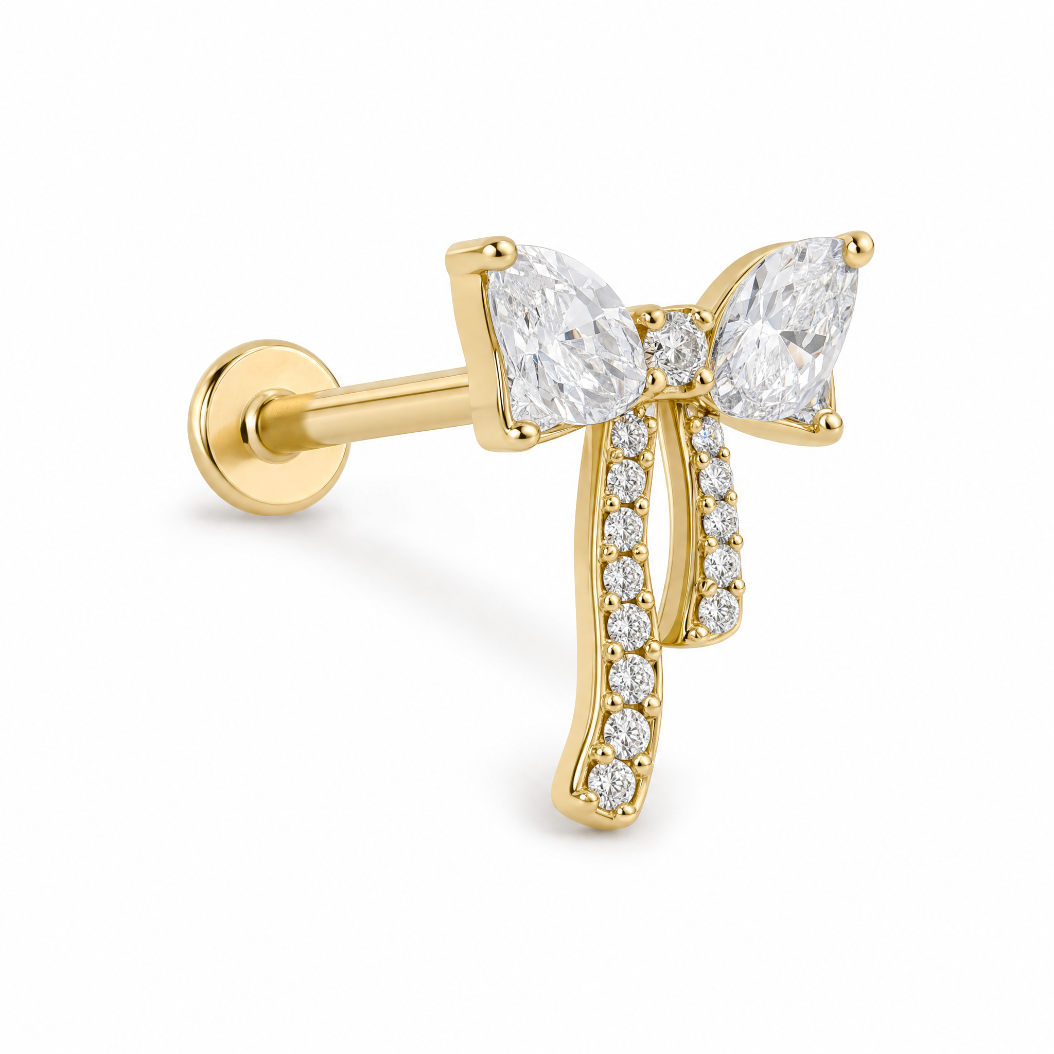 Golden Crystal Bow Helix Earrings studio shot